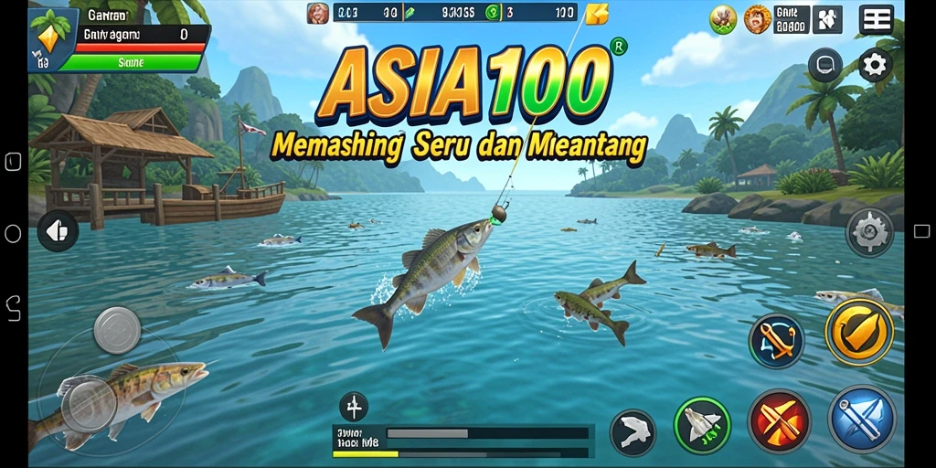 Tampilan gameplay seru dalam ASIA100 dengan aksi memancing yang mendebarkan.