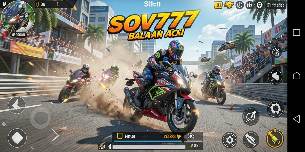 Gameplay SOV777 dengan motor balap yang cepat dan lintasan menantang.